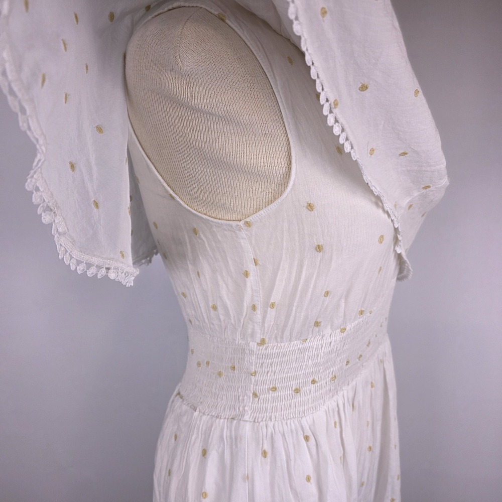 Zara White Yellow Polka Dot Midi Dress M Smocked Waist Cottagecore Cape Neckline - Picture 4 of 9